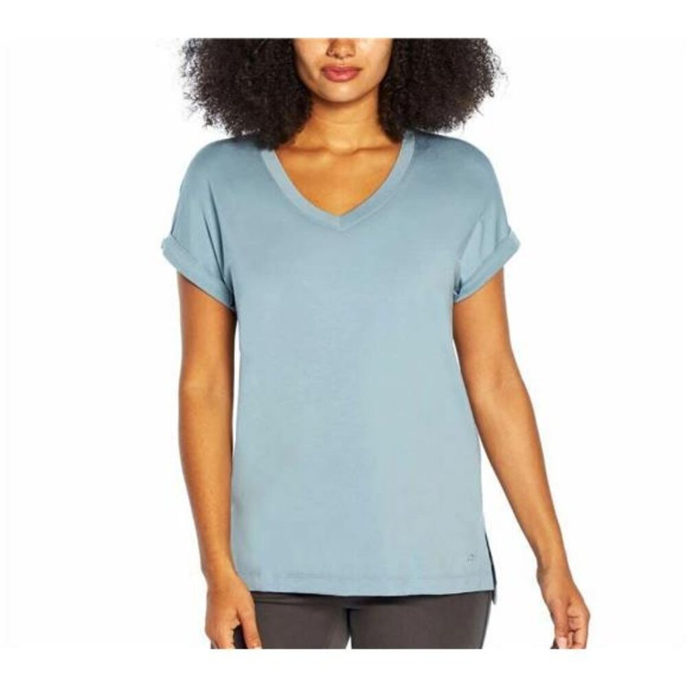 Banana Republic Women's V-neck Roll Sleeve Tee Shirt (Blue, Small)